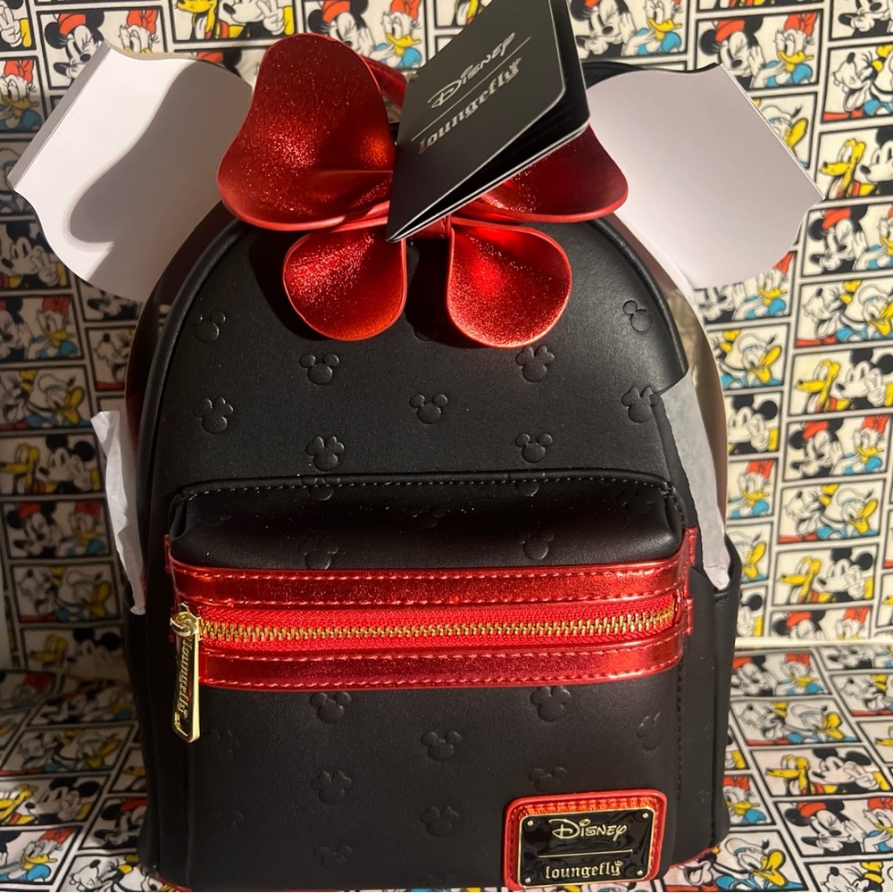 LOUNGEFLY DISNEY MINNIE MOUSE  METALLIC RED BOW EARS MINI BACKPACK NWT2025